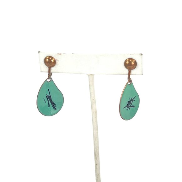 Vintage Copper and Green Enamel Dangle Screw Back Earrings - Picture 4 of 9
